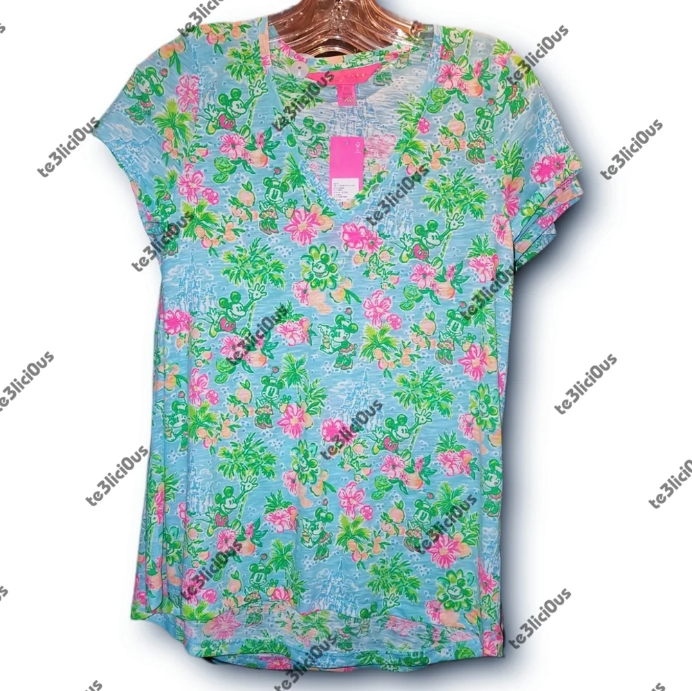 DISNEY PARKS LILY PULITZER MICKEY MINNIE V-NECK T-SHIRT - Picture 1 of 3